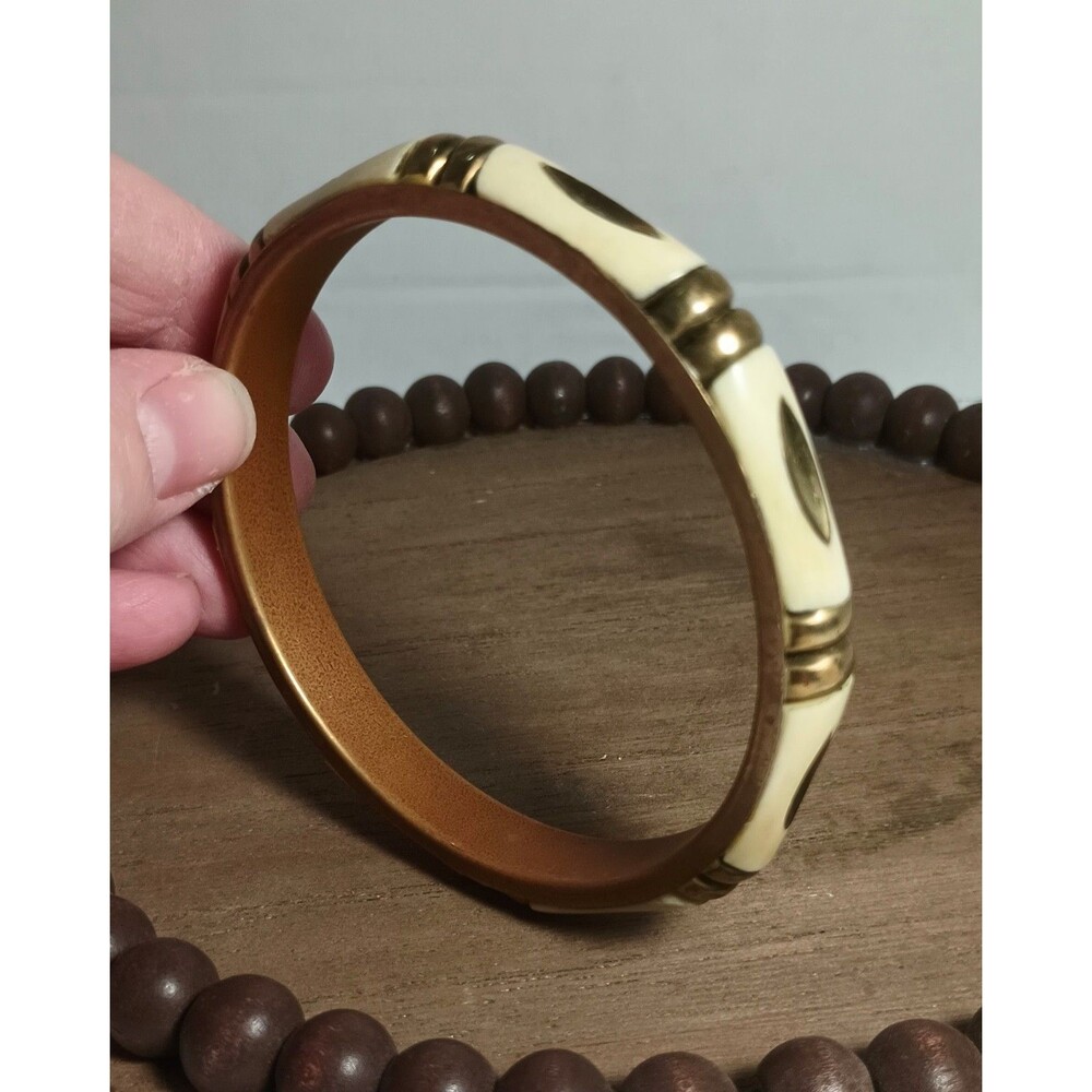 Vintage Bone & Brass Bangle Bracelet Moroccan Berber Enamel Goldtone Hollywood